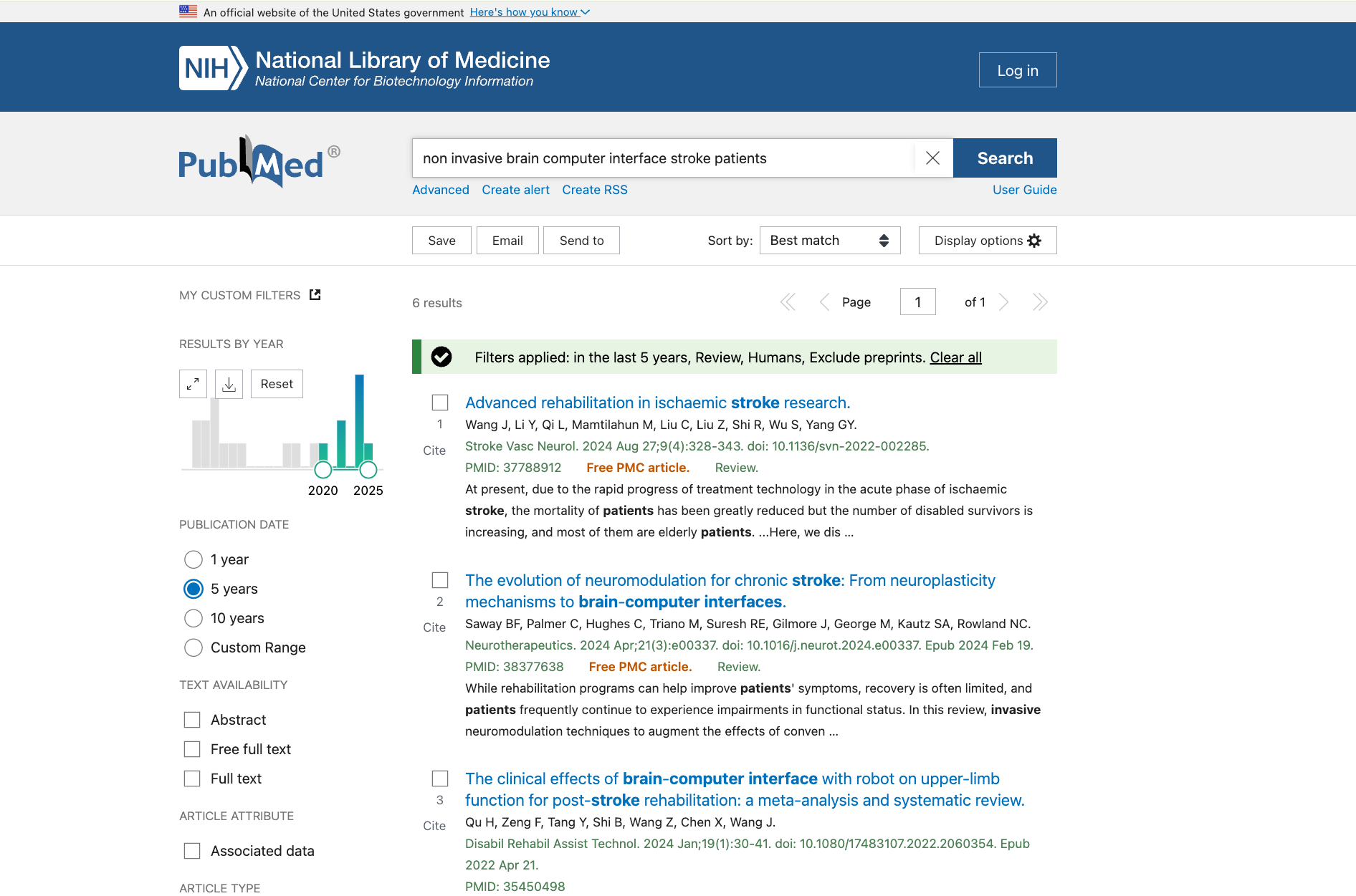 Webpage of PubMed scientific study repository listing results for a query about brain-computer interface research. 